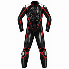 Punisher skull American flag custom motorcycle leather racing suit front view in black and red with distressed flag skull graphic and knee sliders