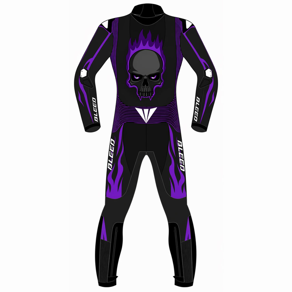 Purple flame skull custom motorcycle leather racing suit back view in black and purple with flaming skull graphic and speed hump