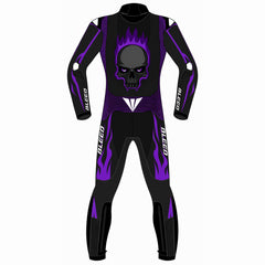 Purple flame skull custom motorcycle leather racing suit back view in black and purple with flaming skull graphic and speed hump