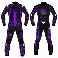 Purple flame skull custom motorcycle leather racing suit front and back view in black and purple
