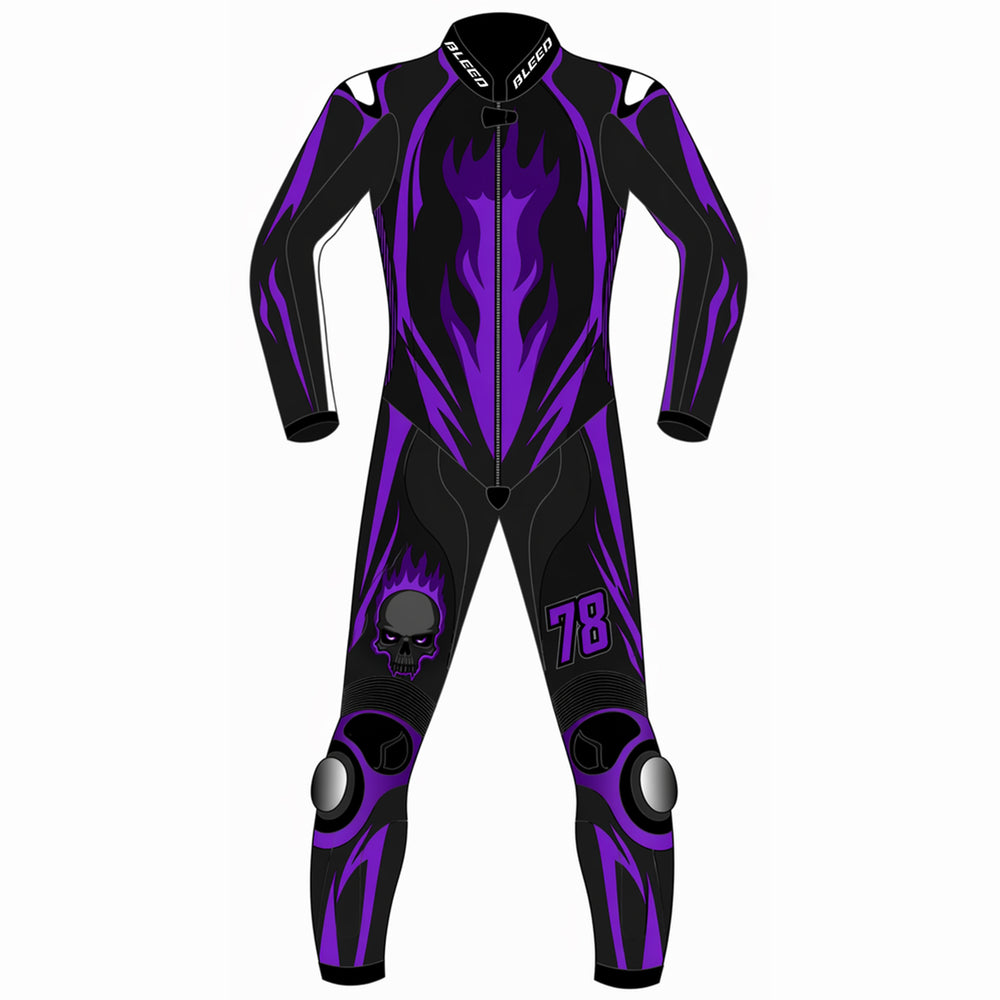 Purple flame skull custom motorcycle leather racing suit front view in black and purple with tribal flame graphics and knee sliders