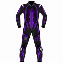 Purple flame skull custom motorcycle leather racing suit front view in black and purple with tribal flame graphics and knee sliders