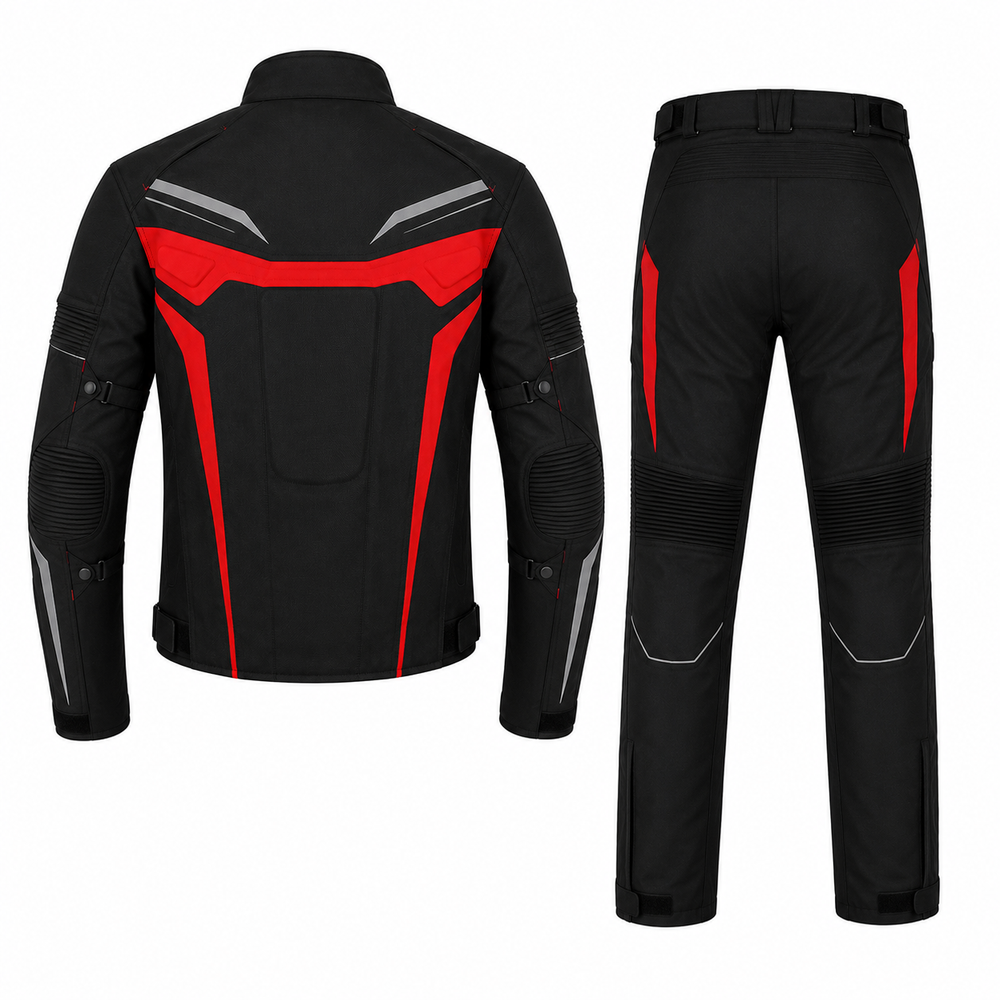 Rallye adventure touring textile motorcycle suit back view in black, red and grey with reflective panels and CE armor