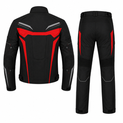 Rallye adventure touring textile motorcycle suit back view in black, red and grey with reflective panels and CE armor