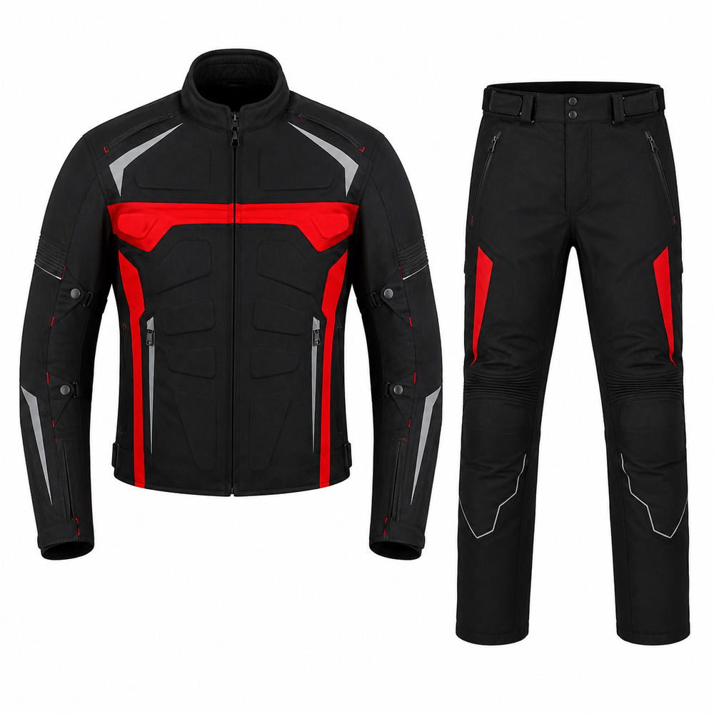 Rallye adventure touring textile motorcycle suit front view in black and red with CE armor, ADV jacket and pant set