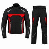 Rallye adventure touring textile motorcycle suit front view in black and red with CE armor, ADV jacket and pant set