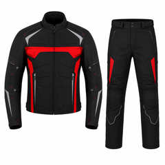 Rallye adventure touring textile motorcycle suit front view in black and red with CE armor, ADV jacket and pant set