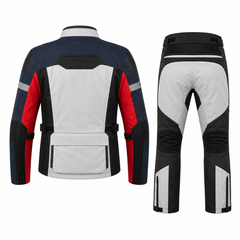 Rallye adventure touring textile motorcycle suit back view in grey, navy and red with reflective panels, cargo pants and CE armor