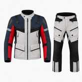 Rallye adventure touring textile motorcycle suit front view in grey, navy and red with cargo pockets, CE armor, ADV jacket and pant set