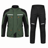 Ranger all-terrain textile motorcycle riding suit olive green black front view with CE armor