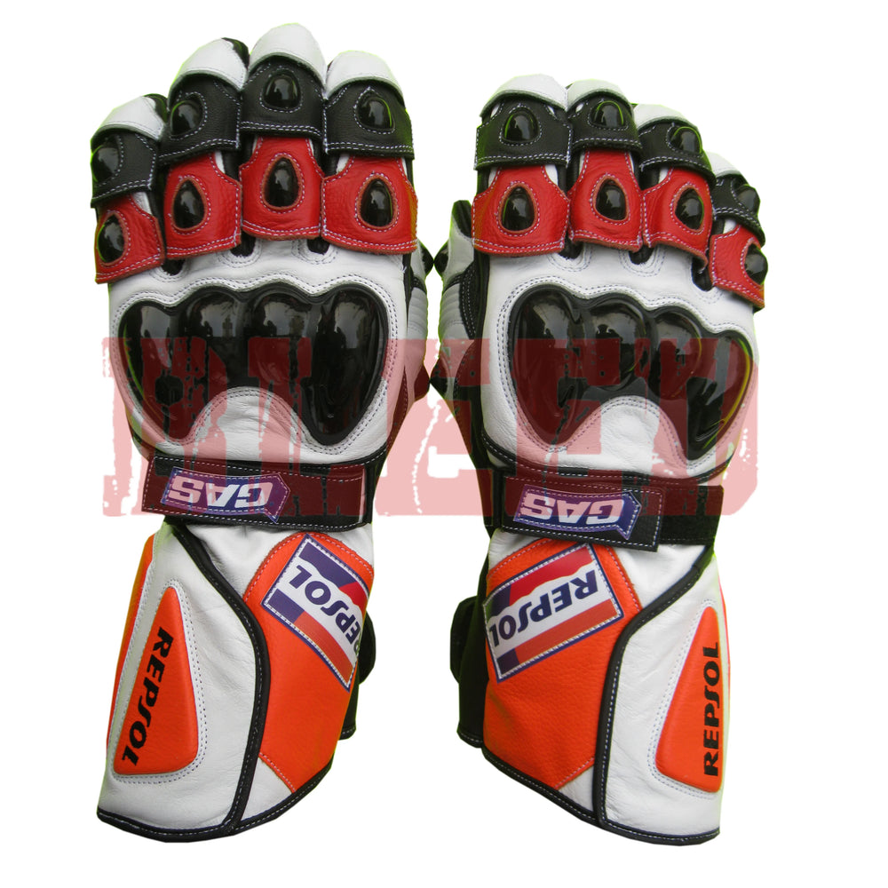 Honda Repsol motorbike leather racing gloves front view
