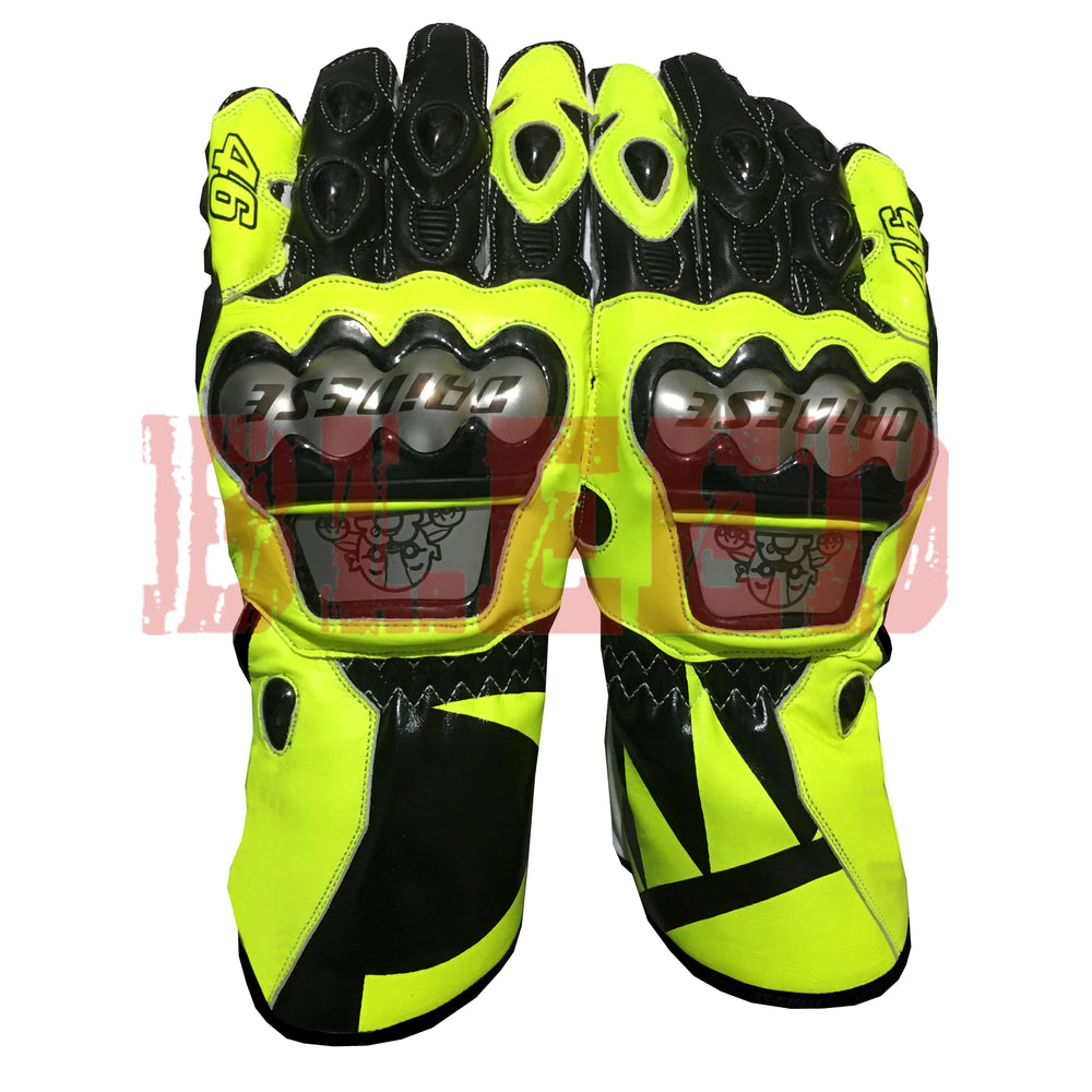 Valentino Rossi VR46 motorbike leather racing gloves front view