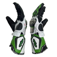 Kawasaki Ninja racing leather motorcycle gloves detail view