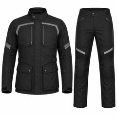 Sentinel touring textile motorcycle riding suit black front view with CE armor