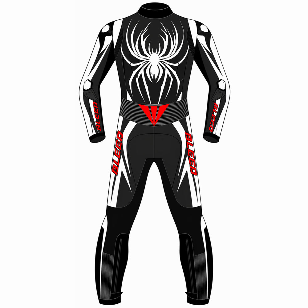 Spider custom motorcycle leather racing suit back view in black and white with large spider graphic and speed hump
