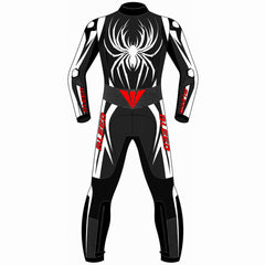 Spider custom motorcycle leather racing suit back view in black and white with large spider graphic and speed hump