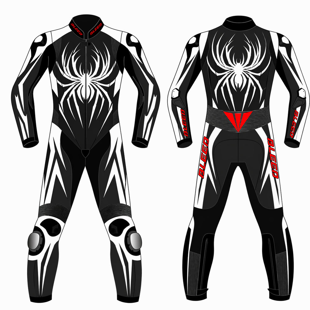 Spider custom motorcycle leather racing suit front and back view in black and white