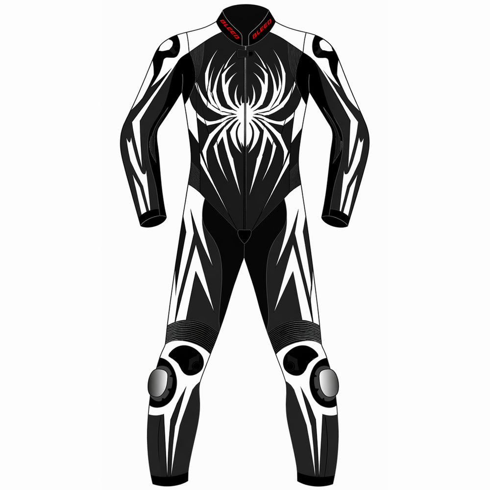 Spider custom motorcycle leather racing suit front view in black and white with large spider graphic and knee sliders