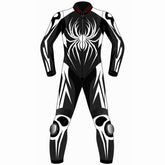 Spider custom motorcycle leather racing suit front view in black and white with large spider graphic and knee sliders