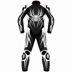 Spider custom motorcycle leather racing suit front view in black and white with large spider graphic and knee sliders