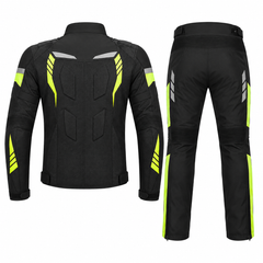 Sport touring textile motorcycle suit back view in black and fluoro yellow with reflective panels, padded armor and CE protection