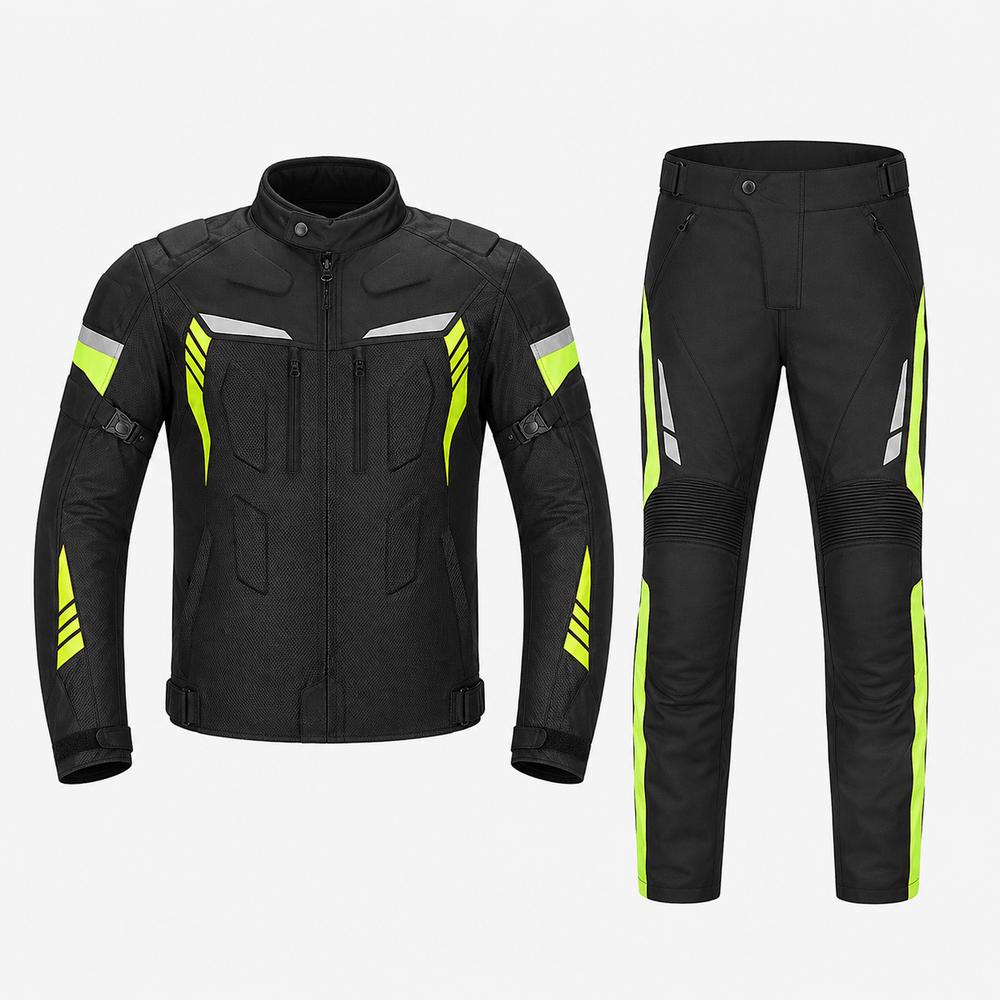 Sport touring textile motorcycle suit front view in black and fluoro yellow with padded CE armor, reflective panels, jacket and pant set
