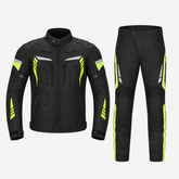 Sport touring textile motorcycle suit front view in black and fluoro yellow with padded CE armor, reflective panels, jacket and pant set