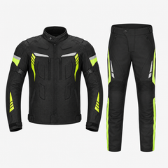 Sport touring textile motorcycle suit front view in black and fluoro yellow with padded CE armor, reflective panels, jacket and pant set