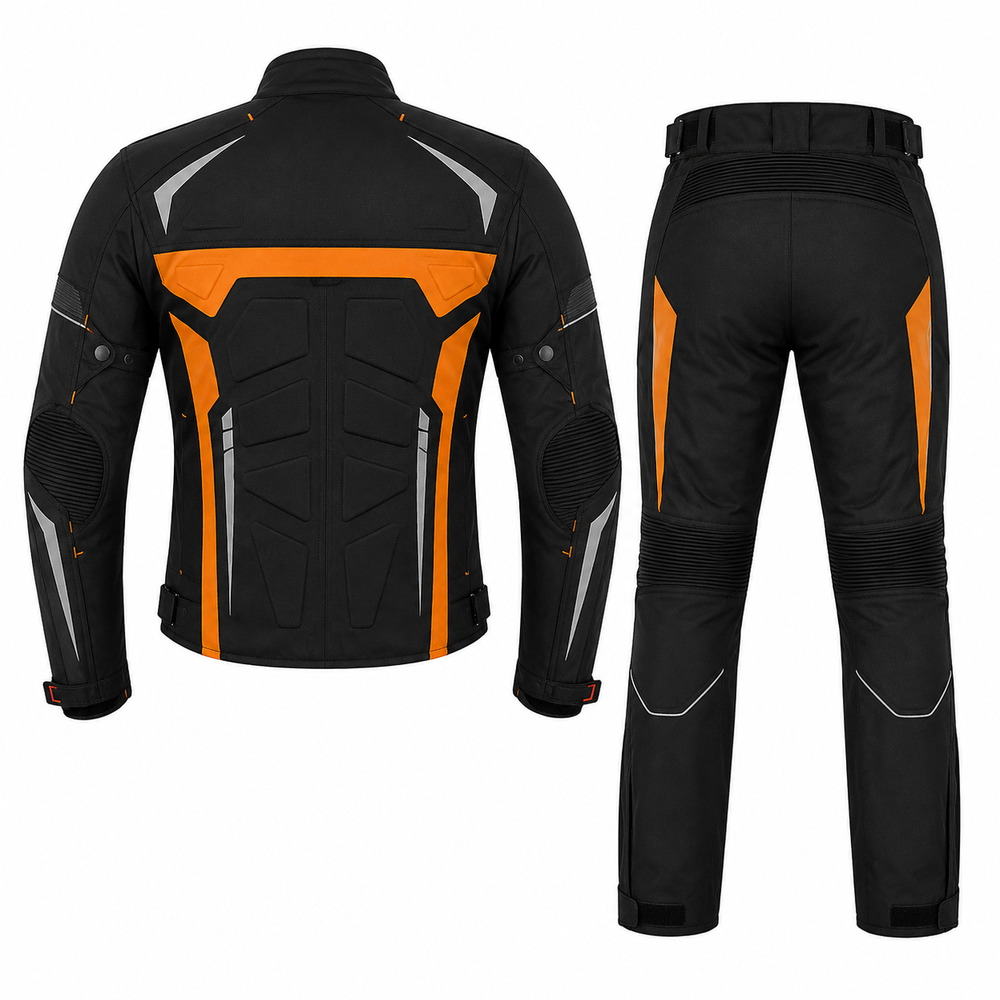 Street sport textile motorcycle riding suit black orange back view with CE armor
