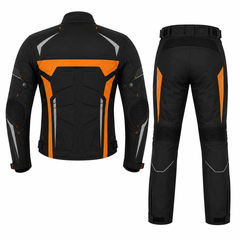 Street sport textile motorcycle riding suit black orange back view with CE armor
