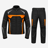 Street sport textile motorcycle riding suit black orange front view with CE armor