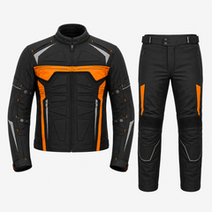 Street sport textile motorcycle riding suit black orange front view with CE armor