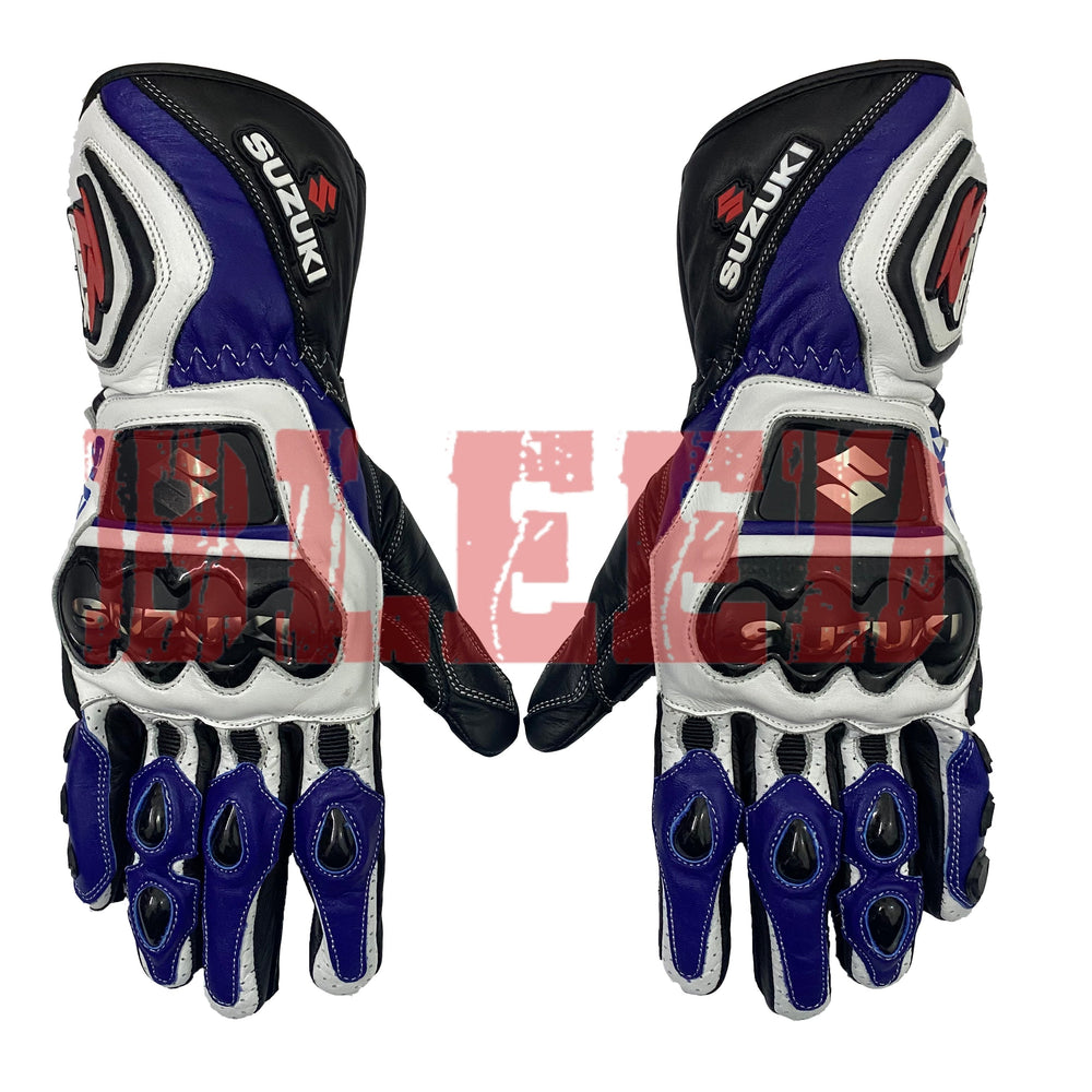 Suzuki GSX-R blue motorbike leather racing gloves front view