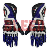 Suzuki GSX-R blue motorbike leather racing gloves front view