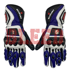 Suzuki GSX-R blue motorbike leather racing gloves front view