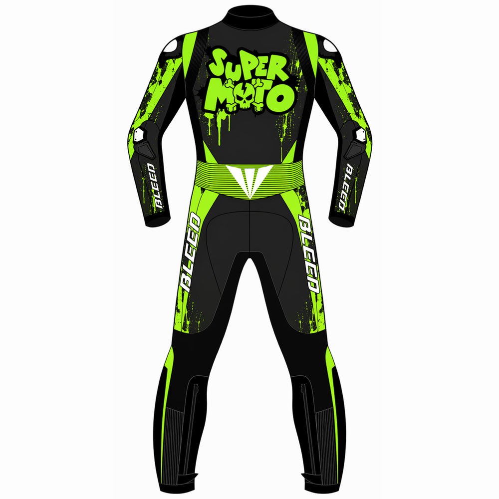 Super Moto custom motorcycle leather racing suit back view in black and fluoro green with Super Moto skull graphic and speed hump