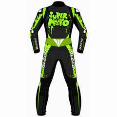 Super Moto custom motorcycle leather racing suit back view in black and fluoro green with Super Moto skull graphic and speed hump