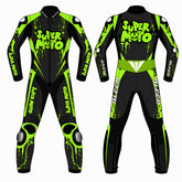 Super Moto custom motorcycle leather racing suit front and back view in black and fluoro green