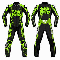 Super Moto custom motorcycle leather racing suit front and back view in black and fluoro green