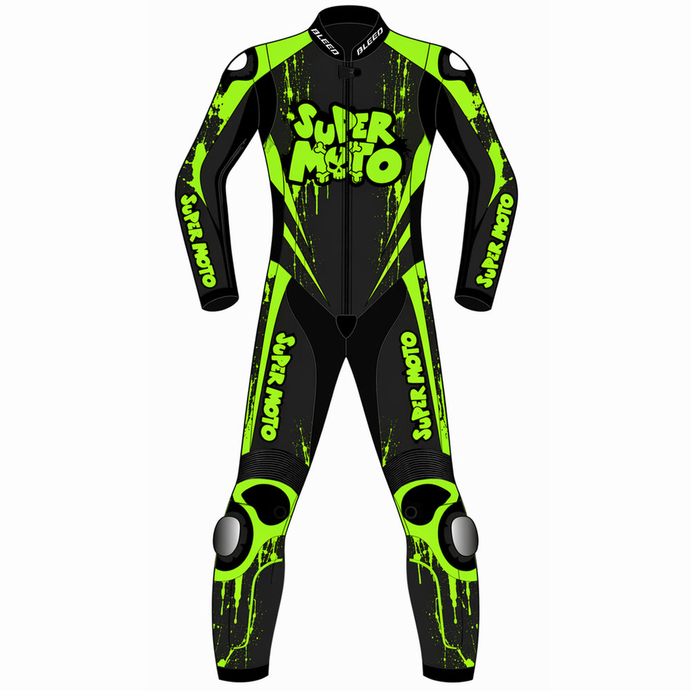 Super Moto custom motorcycle leather racing suit front view in black and fluoro green with splatter graphics and knee sliders