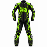 Super Moto custom motorcycle leather racing suit front view in black and fluoro green with splatter graphics and knee sliders