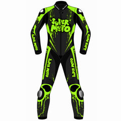 Super Moto custom motorcycle leather racing suit front view in black and fluoro green with splatter graphics and knee sliders