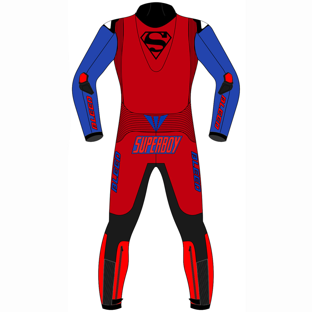 Superman custom motorcycle leather racing suit back view in red with shield graphic and speed hump