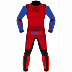 Superman custom motorcycle leather racing suit back view in red with shield graphic and speed hump