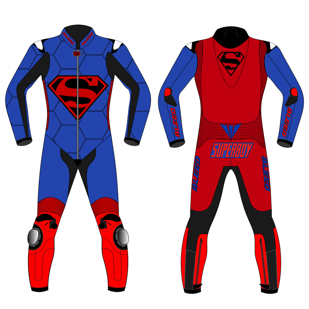 Superman custom motorcycle leather racing suit front and back view in blue and red