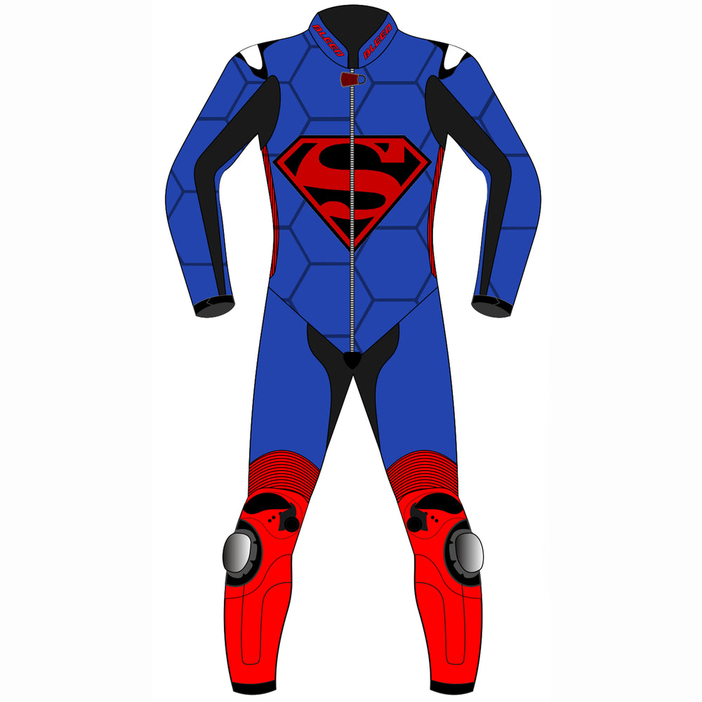 Superman custom motorcycle leather racing suit front view in blue and red with hexagon-textured chest, shield graphic and knee sliders