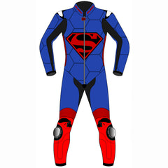 Superman custom motorcycle leather racing suit front view in blue and red with hexagon-textured chest, shield graphic and knee sliders