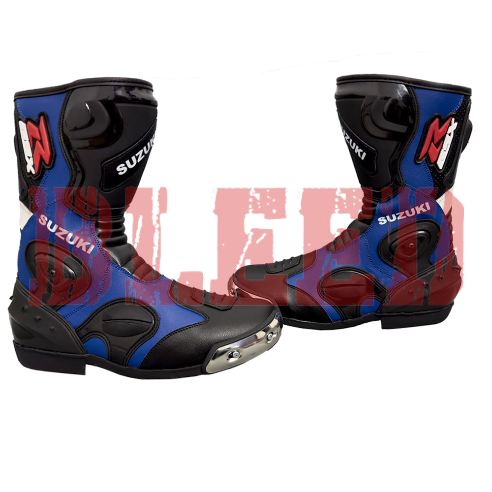 Suzuki GSX-R motorbike leather riding boots side view