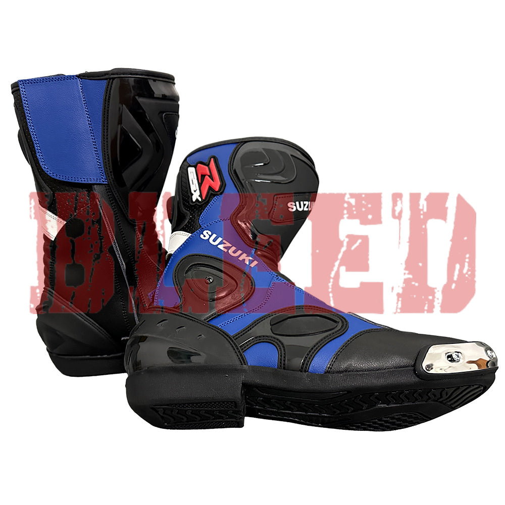 Suzuki GSX-R motorbike leather riding boots front view