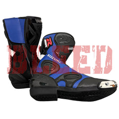 Suzuki GSX-R motorbike leather riding boots front view